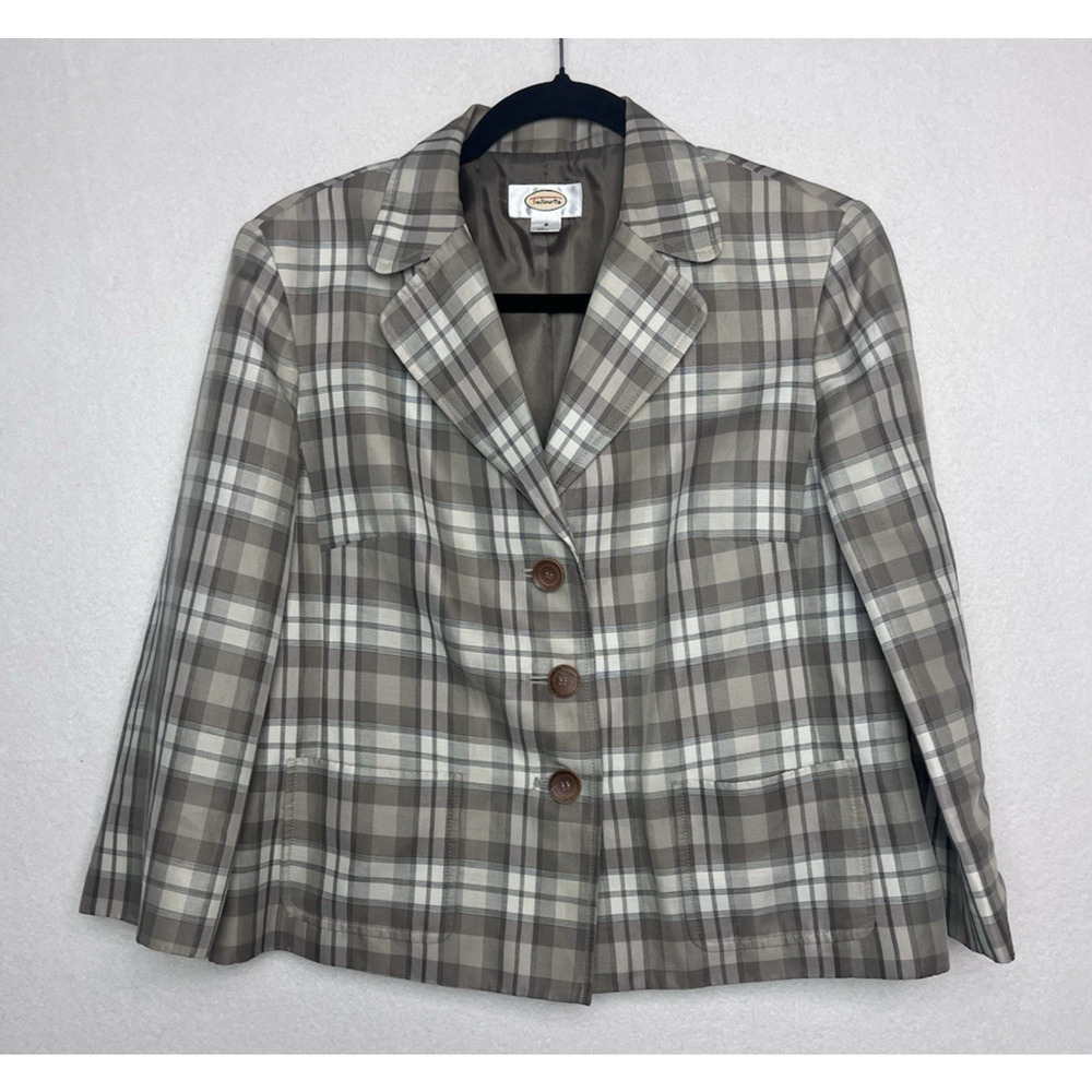 Talbots Women's Blazer Plaid Tan White Green Satin Size 8 3/4 Sleeve Cottagecore